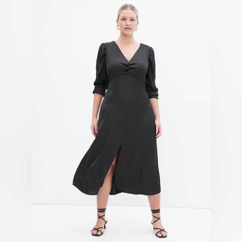 GAP Black V-Neck Midi Dress with Front Slit